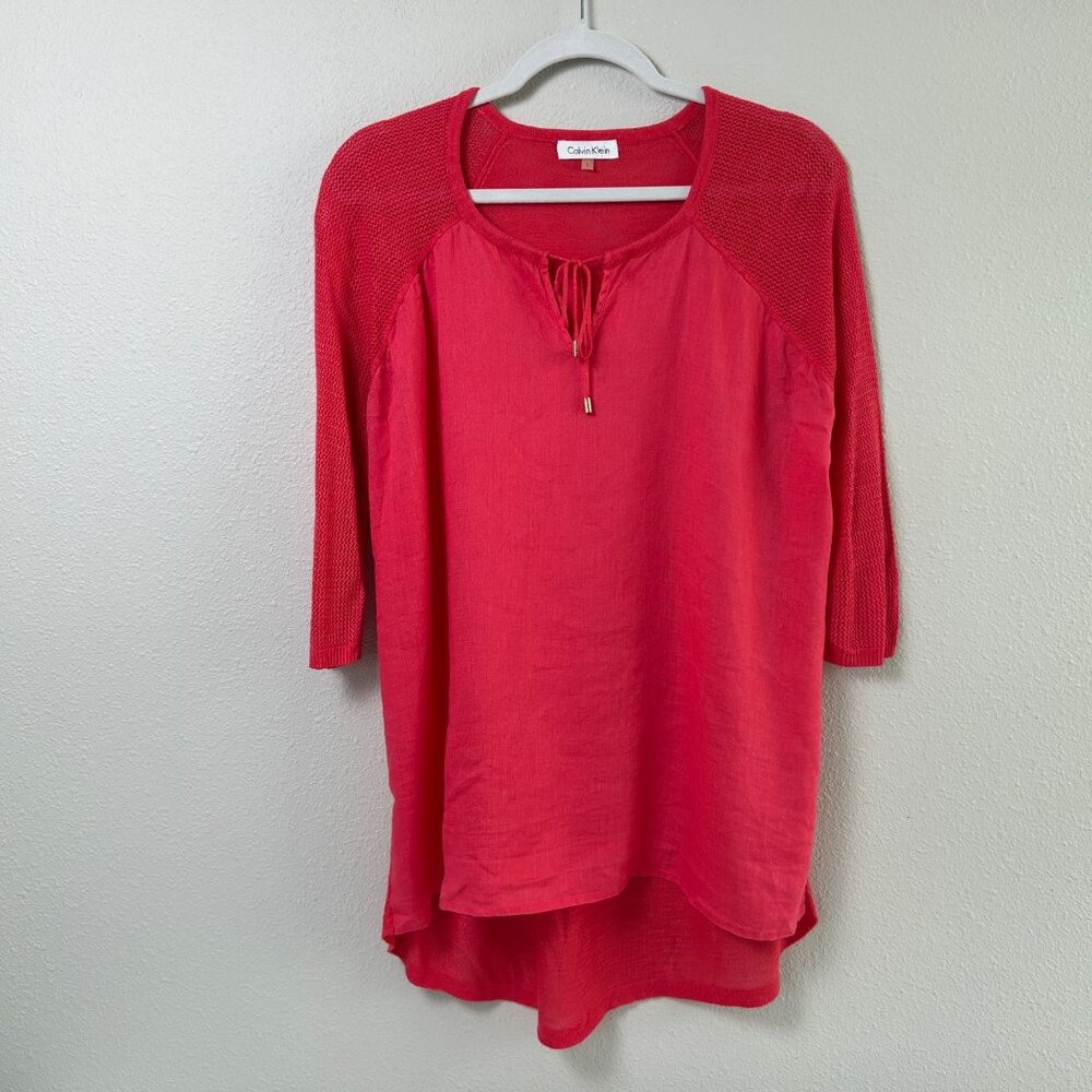 Calvin Klein Top Womens L Pink Linen Viscose 3/4 Sleeve Mixed Media Mesh Tassels - Picture 1 of 10